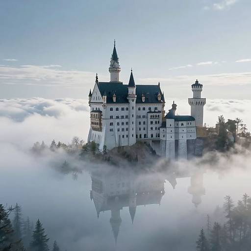 Photograph of a majestic, white, medieval castle with multiple turrets, surrounded by mist and reflected in a calm lake, under a clear, blue