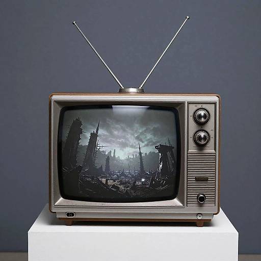 Vintage silver television with antennae, displaying a dark, cloudy, post-apocalyptic landscape on a white pedestal against a blue-gray background.