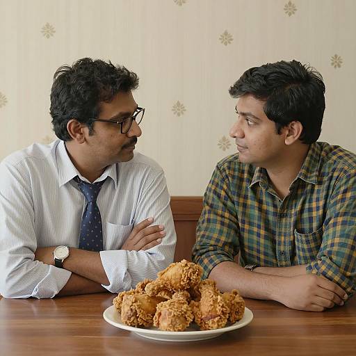 Two men at table with fried chicken