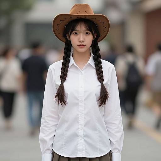 Young Asian woman with braided hair, brown cowboy hat, white button-up shirt, standing on busy street, blurred crowd in background.