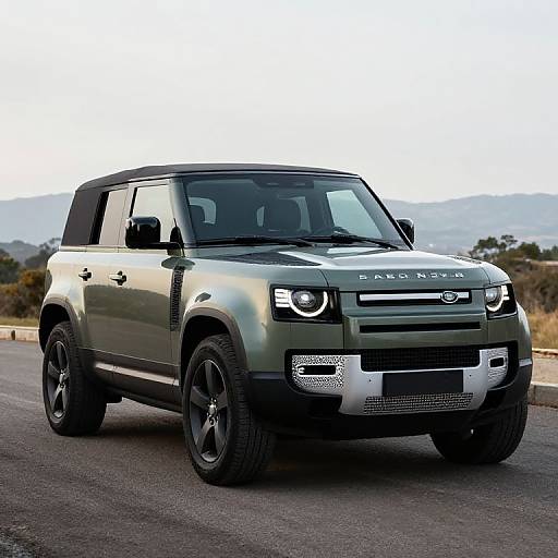 Photograph of a green Land Rover Discovery Sport SUV with black roof, black wheels, and headlights on, parked on a road with a mountainous background