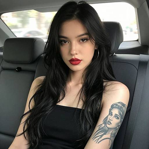 Photograph of a young Asian woman with long black hair, red lipstick, black tank top, and a detailed tattoo on her arm, sitting in a