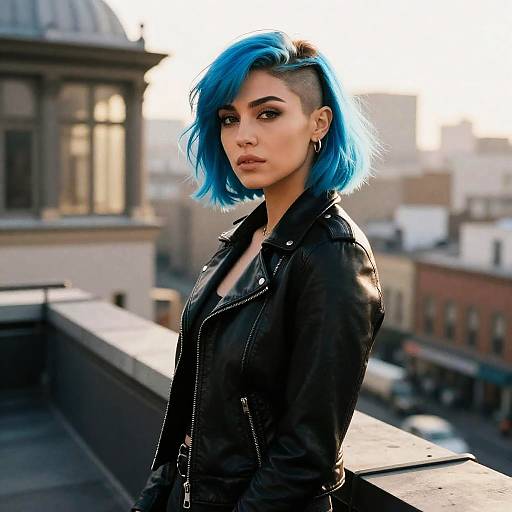 Neon Blue Bob on City Rooftop