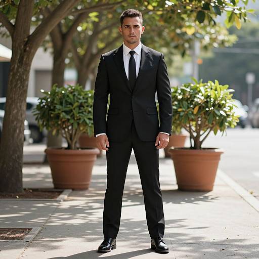 Photograph of a serious-looking man in a black suit, white shirt, and black tie standing on a sunlit, tree-lined sidewalk with large p