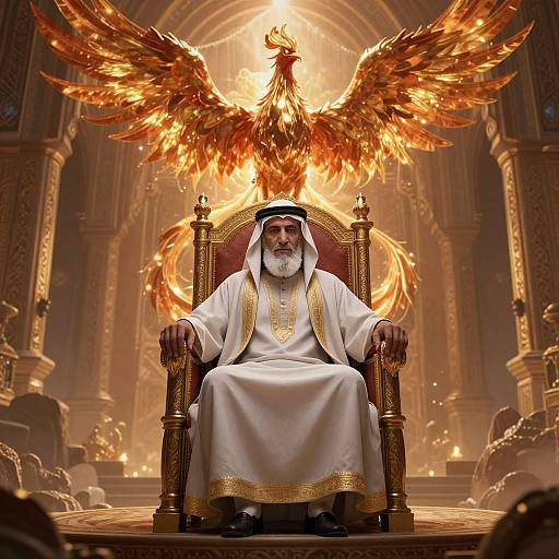 Photorealistic digital art of an elderly bearded man in white robes with gold trim, sitting on a golden throne, flanked by enormous, fiery