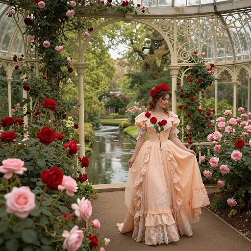Photograph of a fair-skinned woman in a pale peach, Victorian-style dress adorned with red roses, standing in a glass conservatory surrounded by blo