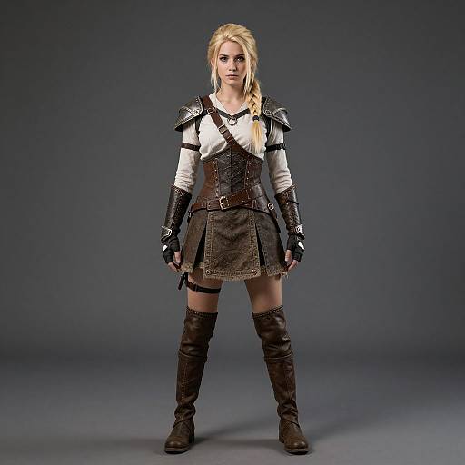 Photograph of a blonde woman in medieval warrior attire: white shirt, black leather armor, brown skirt, thigh straps, knee-high boots, standing against