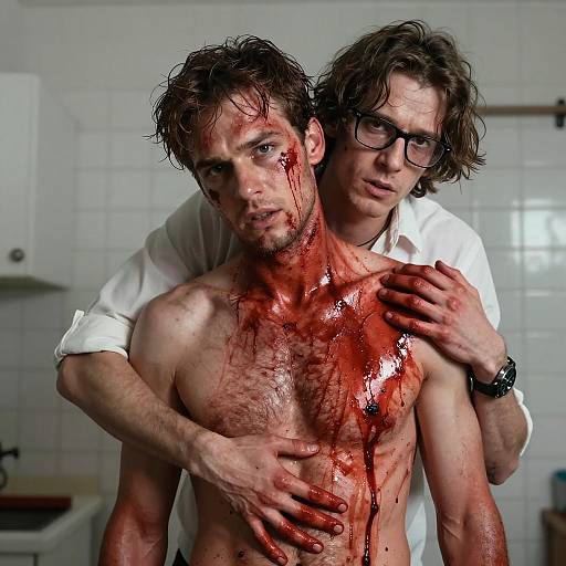 Intense Embrace Amidst Bloodshed