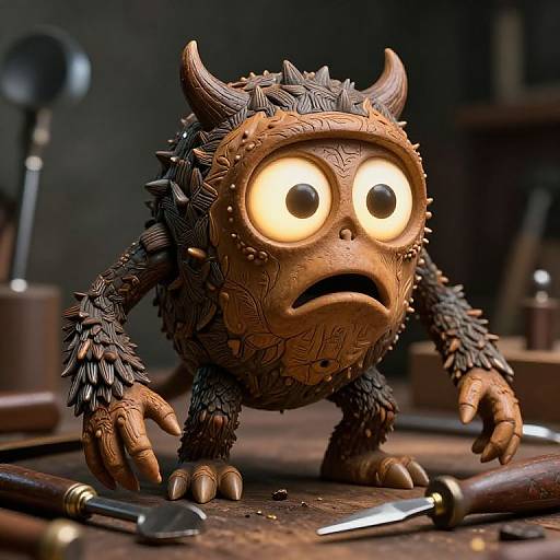 CGI cartoon creature with spiky brown fur, large glowing eyes, small horns, and worried expression, standing on a wooden table with scattered tools and