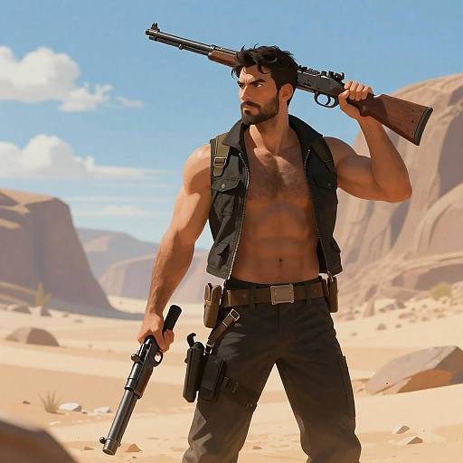 Muscular Man Armed in Desert Landscape