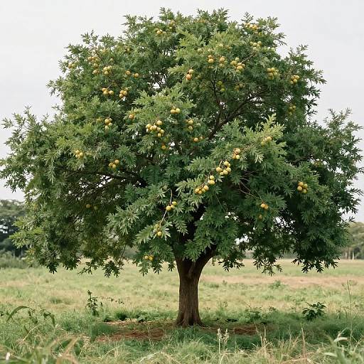 Photograph of a lush, green fruit tree with yellow apples, standing in a grassy field under a bright, cloudy sky.