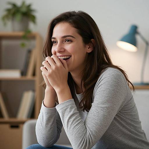 Photograph of a smiling woman with long brown hair, wearing a gray long-sleeve shirt, hands covering her mouth, in a cozy, brightly