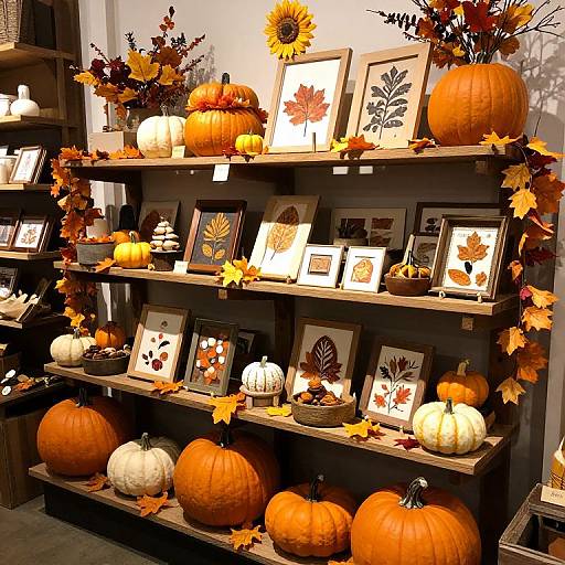 Photograph of a display shelf adorned with orange and white pumpkins, autumn leaves, framed botanical prints, and a sunflower, arranged in a cozy