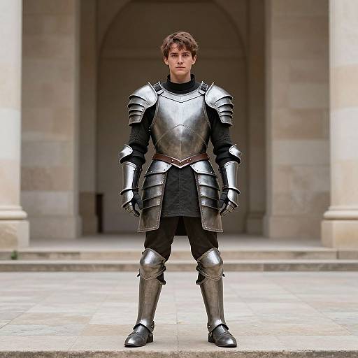 Photograph of a young man with brown hair, standing confidently in full medieval silver armor, in front of a stone architectural entrance.