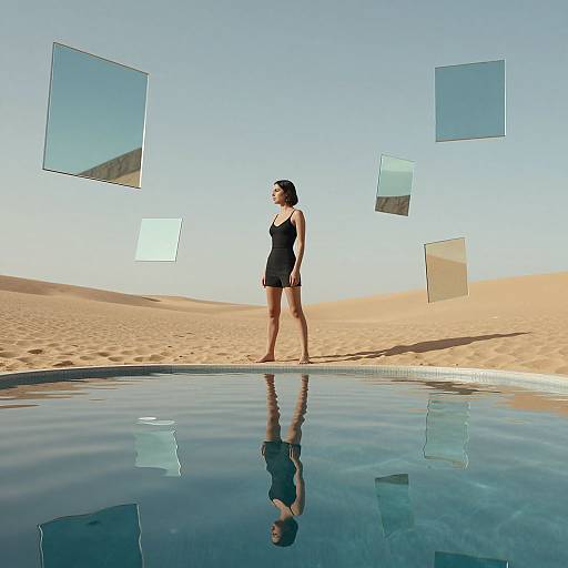 Photograph: Woman in black dress stands barefoot on reflective water in desert, with floating glass squares in clear sky.