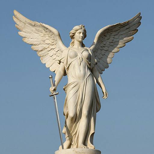 Photograph of a detailed, white marble angel statue with wings, wearing a flowing dress, holding a sword in her right hand, against a clear blue