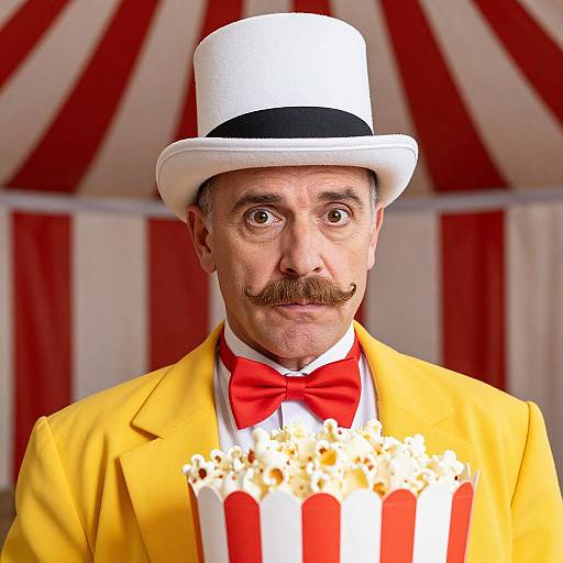 Photograph of a middle-aged man with a white top hat, yellow jacket, red bow tie, and mustache, holding popcorn, against a red
