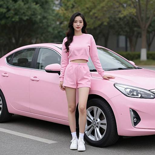 Woman in Pink Outfit by Car