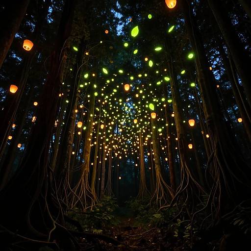 Photograph of a dark forest at night, illuminated by countless glowing lanterns in orange and green, hanging from tall trees, creating a magical, enchant