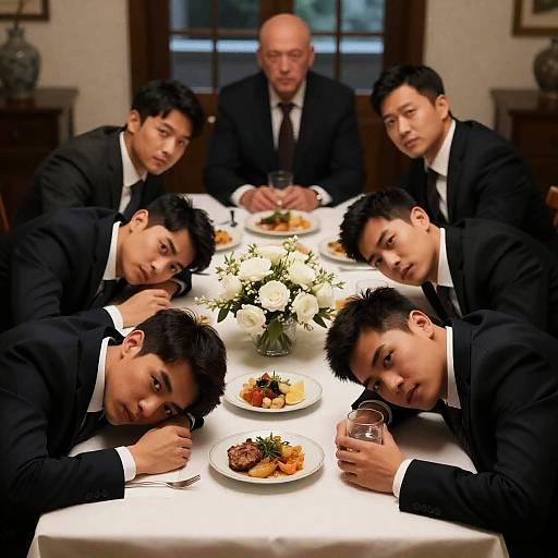 Intense Gathering: Six Men in Suits