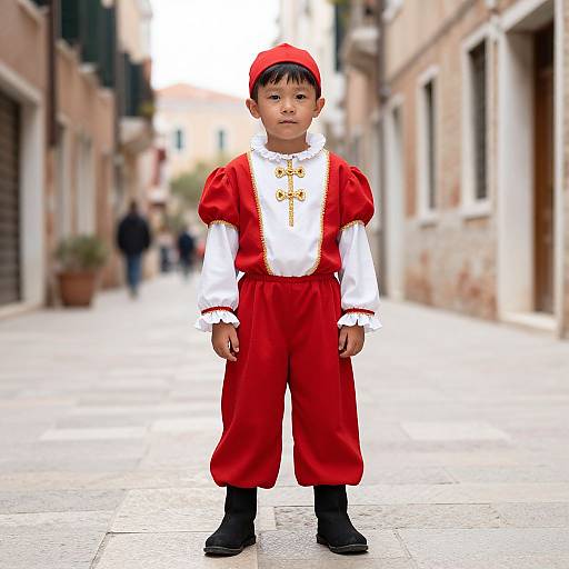 Photograph of a young Asian boy in a red Renaissance-style outfit with white sleeves and gold accents, standing on a narrow, sunlit European street with