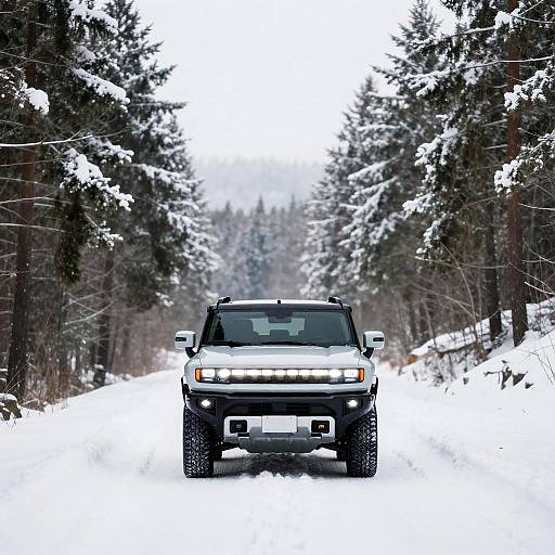 Hummer EV on Snowy Fir-Lined Road