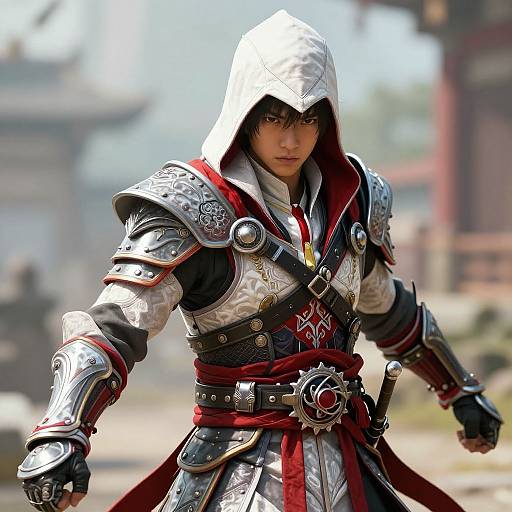 Digital artwork of a serious young male warrior in ornate silver armor with red accents, hood up, in a sunlit, blurred Asian-style background.