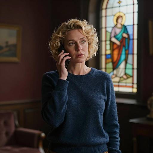 Focused Woman in Dimly Lit Room