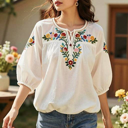 Bohemian Embroidered Cotton Blouse