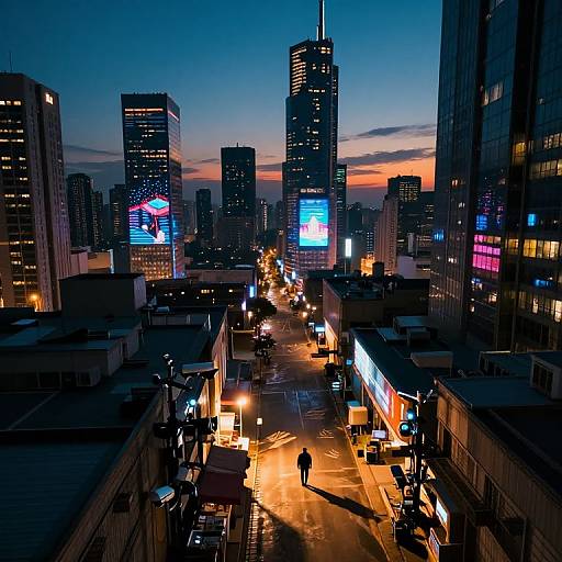 Photograph of a cityscape at dusk, featuring illuminated skyscrapers, neon lights, and a busy street with cars and pedestrians.
