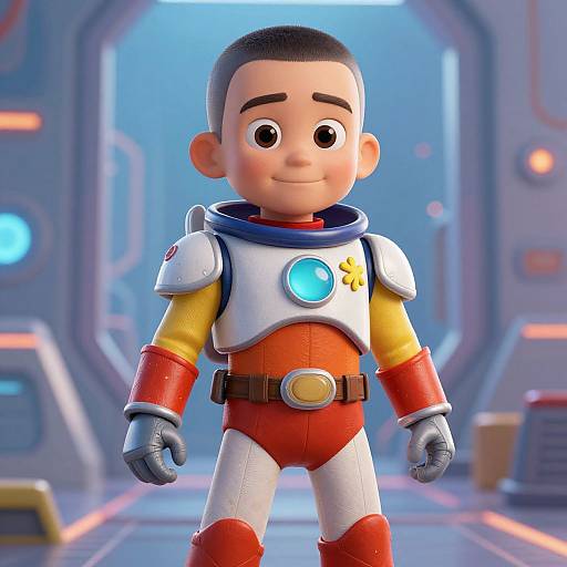 CGI image of a cute cartoon boy astronaut with a smiling face, wearing a white, red, and yellow spacesuit, blue chest emblem, standing
