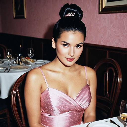Elegant Woman in Pink Dress at Dinner