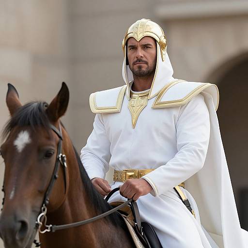 Photograph of a muscular, bearded man in a white, gold-trimmed medieval-style robe and helmet, riding a brown horse, against a