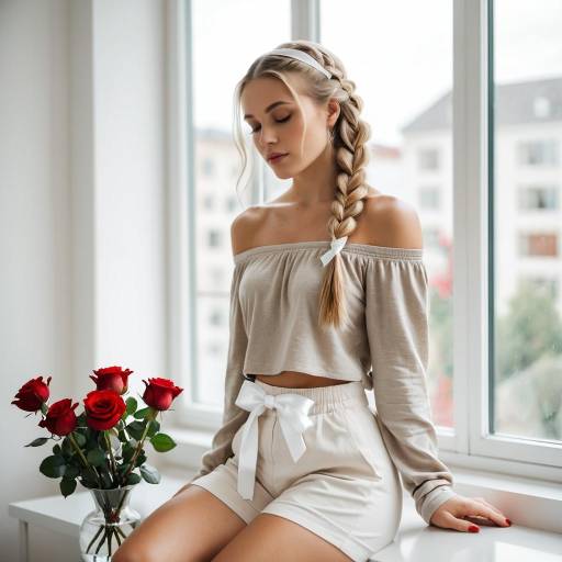 Young Blonde Woman with Braided Hair and Roses Indoors