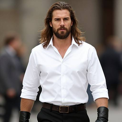Photograph of a serious-looking man with long brown hair and beard, wearing a white button-up shirt, black pants, and black gloves, standing in