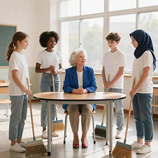 Teacher with Students Holding Brooms in Classroom