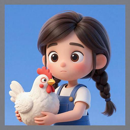 Curious Asian Girl with Chicken in CGI