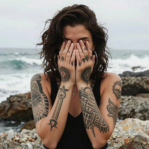 Tattooed Woman by Rocky Coast