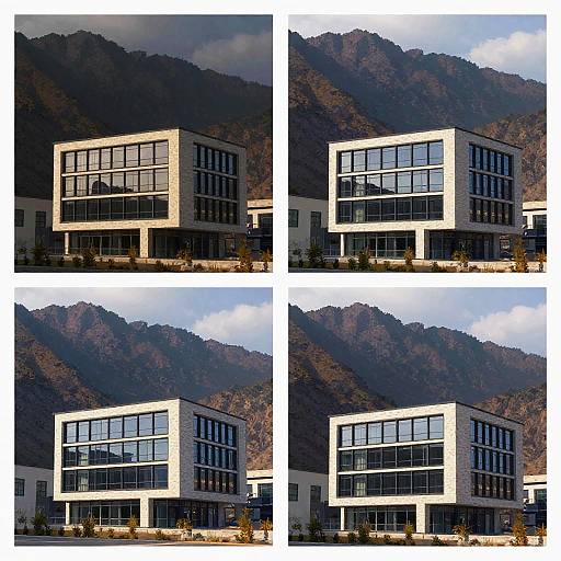 Pixelated Modern Architecture with Mountains