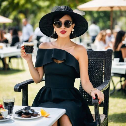 Elegant Woman in Black Dress Enjoying Coffee Outdoors