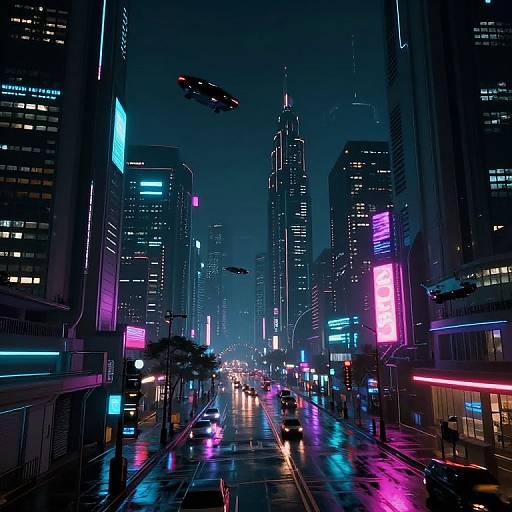 Neon-lit, cyberpunk-style cityscape at night with glowing skyscrapers, flying cars, wet, reflective streets, and vibrant, colorful