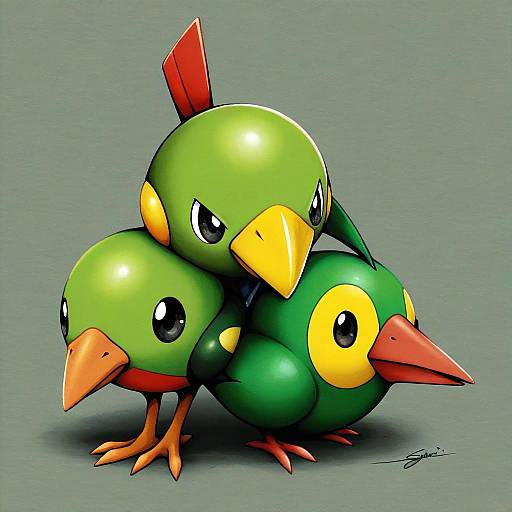 Illustration of Natu, pokemon in the style of Sanari (quarter iceshop)