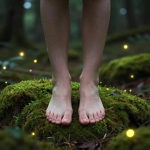 Photograph of bare feet standing on green moss in a forest, with glowing fireflies illuminating the dark, blurred background.