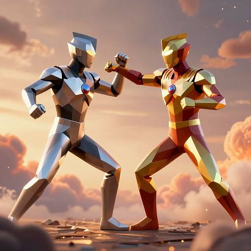 CGI image of two geometric, robot-like fighters with metallic armor, clashing in a sunset sky with clouds, on a rocky terrain.