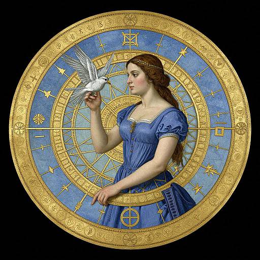 Digital artwork of a fair-skinned woman with brown hair in a blue dress, holding a white dove, set against a golden zodiac circle with blue