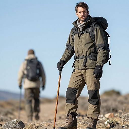 Photograph of a rugged, bearded man in green outdoor gear with backpack, holding a wooden trekking pole, standing on rocky terrain, with a