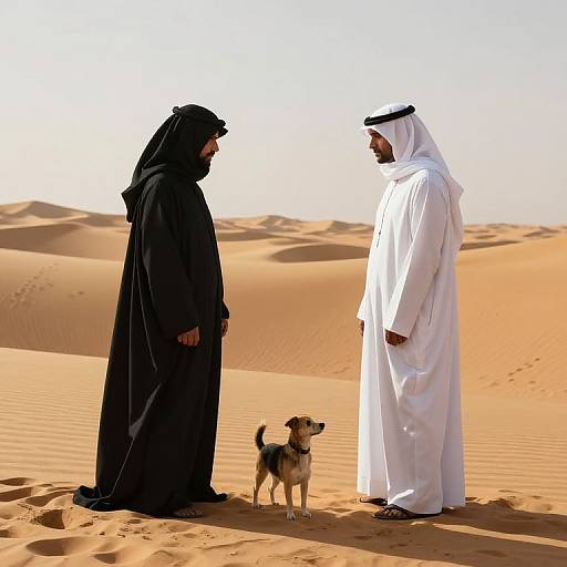 Photograph of two men in traditional Islamic robes, one black and one white, standing in a desert with a dog between them.