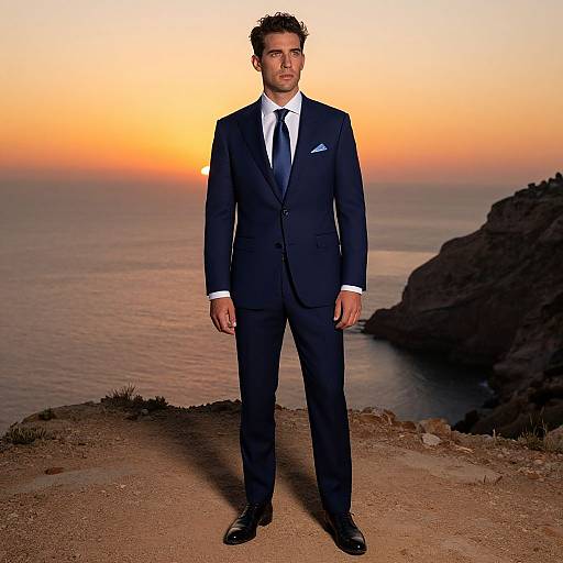 Photograph of a handsome man with short dark hair, wearing a navy suit, white shirt, and black tie, standing on a cliff at sunset with