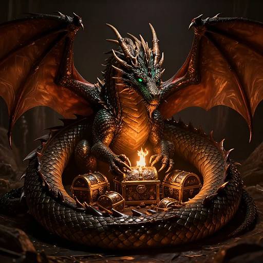 Photorealistic digital art: A fierce black dragon with glowing green eyes and orange-scaled belly sits protectively around a burning treasure chest, surrounded by