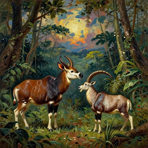 Digital painting of two antelopes with curved horns in a vibrant, lush jungle with dense foliage and a colorful, sunlit sky.